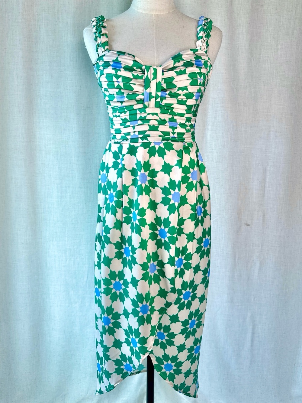 Duo Mar Geometric Sweetheart Tulip Midi Dress Green Blue XS NWT $420 Retail